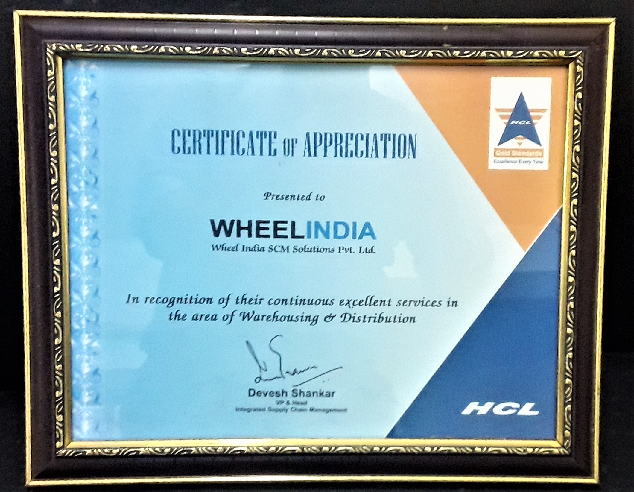 Certificate of appriciation by HCL